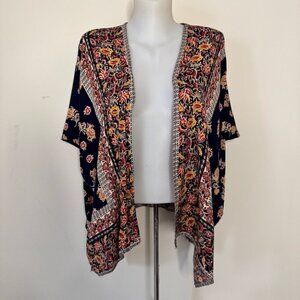 Angie Boho Kimono Floral Southwestern Wrap Cardigan Blue Orange Sz M